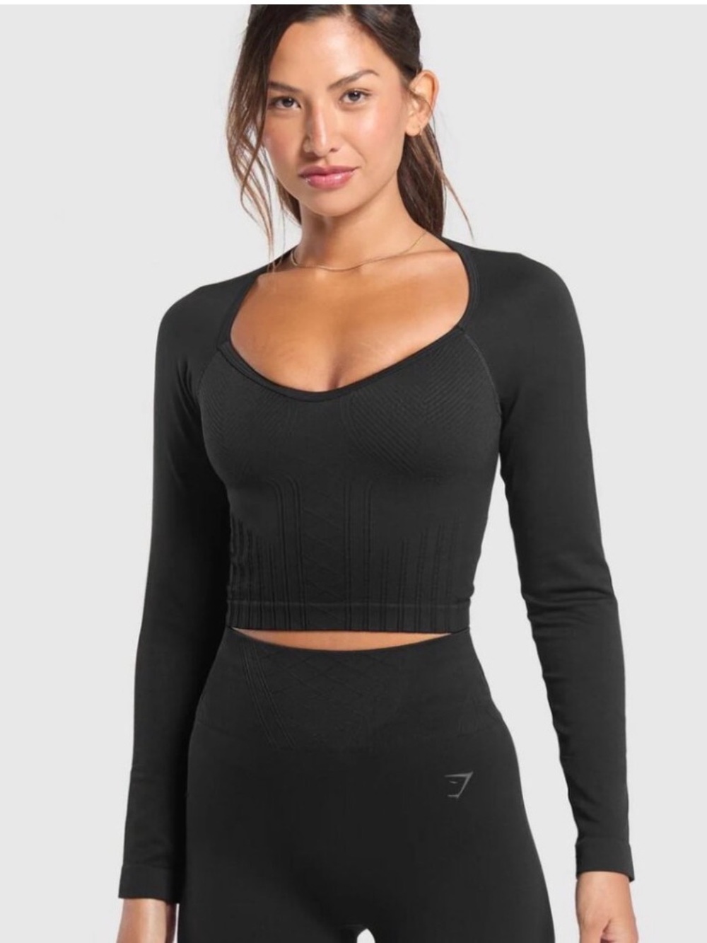 Gymshark Corset Black Long Sleeve Scoop Neck Seamless Crop Top